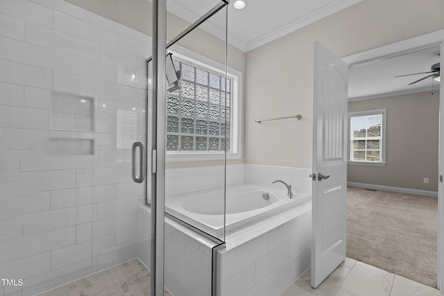 bathroom with ornamental molding, plus walk in shower, and ceiling fan