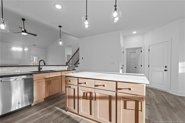 531 Southerland Peak, Raeford, NC 28376 - kitchen with dishwasher, a sink, a ceiling fan, and dark wood finished floors