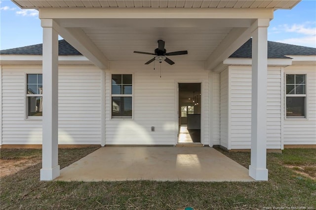 531 Southerland Peak, Raeford, NC 28376 - exterior space with a patio area, a ceiling fan, and a shingled roof