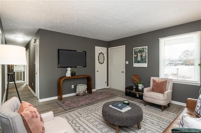 living room featuring hardwood / wood-style flooring and a textured ceiling