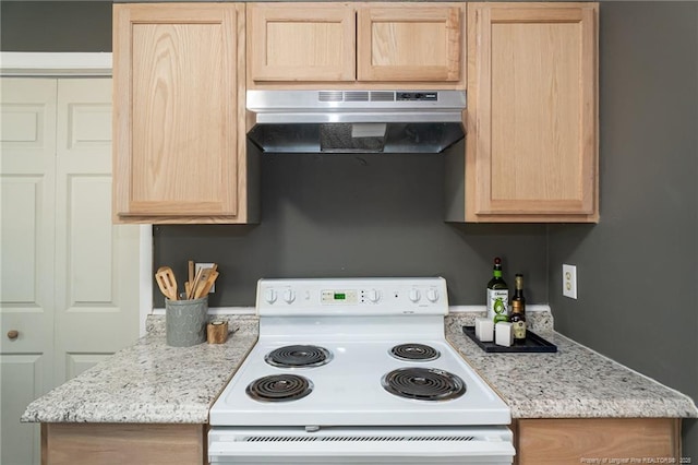 kitchen featuring light stone counters, white electric stove, exhaust hood, and light brown cabinets