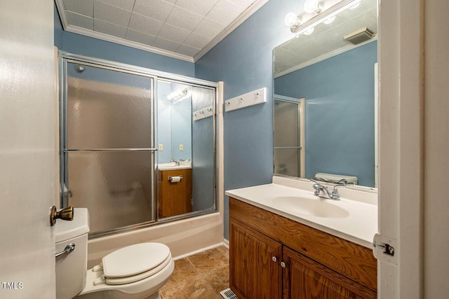 full bathroom with toilet, ornamental molding, bath / shower combo with glass door, and vanity