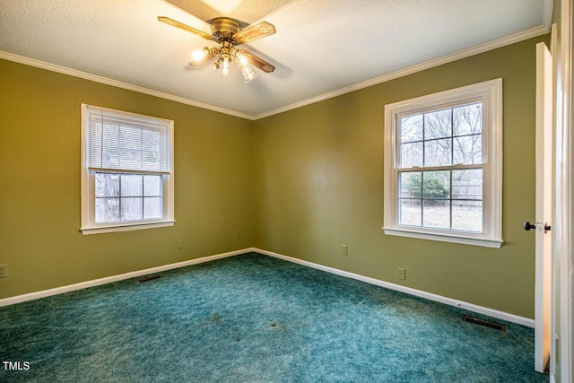 unfurnished room featuring crown molding, ceiling fan, carpet, and a textured ceiling