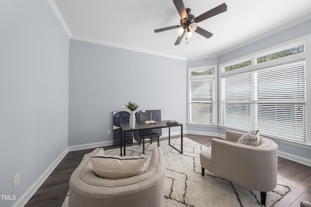 office with dark wood-style floors, ornamental molding, baseboards, and ceiling fan