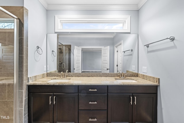 bathroom with ornamental molding, a healthy amount of sunlight, a sink, and a shower stall