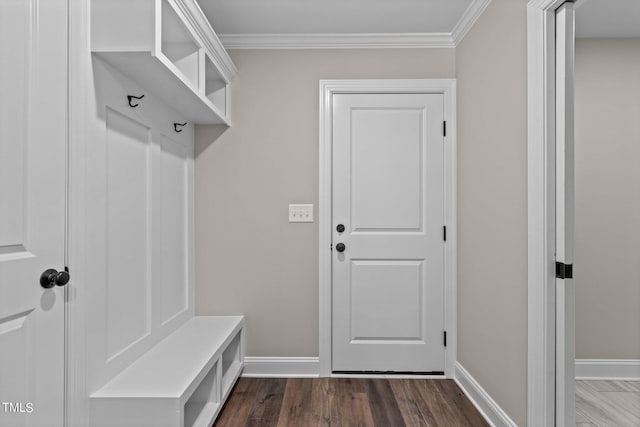 mudroom with ornamental molding and dark wood-type flooring