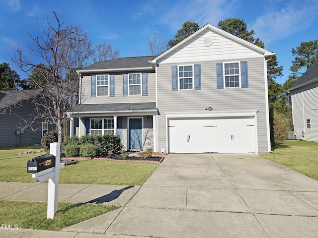 traditional-style house featuring an attached garage, central AC, a front lawn, and concrete driveway