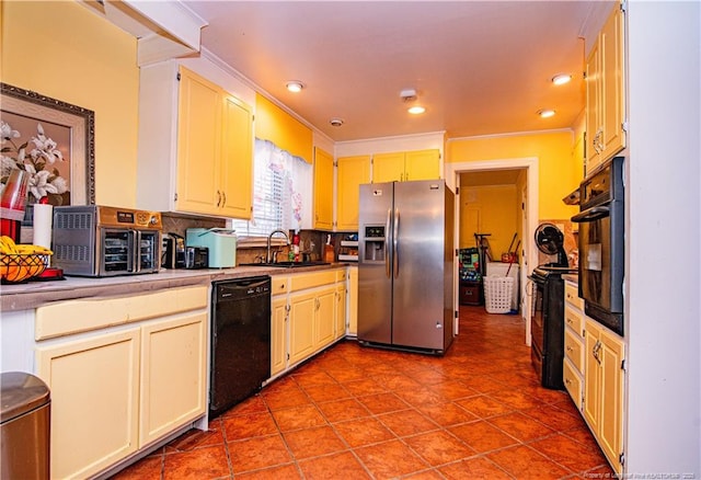 kitchen with tile patterned flooring, sink, backsplash, and black appliances