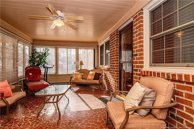 sunroom / solarium featuring ceiling fan and wooden ceiling