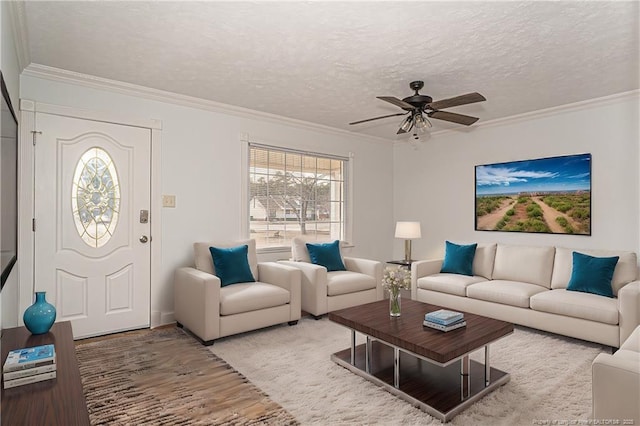 living room with crown molding, ceiling fan, and a textured ceiling