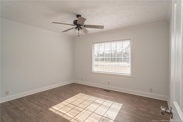 unfurnished room featuring dark hardwood / wood-style flooring, ceiling fan, crown molding, and a textured ceiling