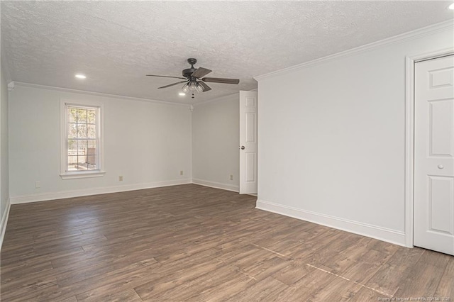 unfurnished room with ceiling fan, ornamental molding, dark hardwood / wood-style floors, and a textured ceiling