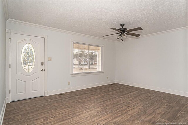 6628 Camden Rd, Fayetteville, NC 28306 - entryway with dark wood finished floors, ceiling fan, a textured ceiling, baseboards, and ornamental molding