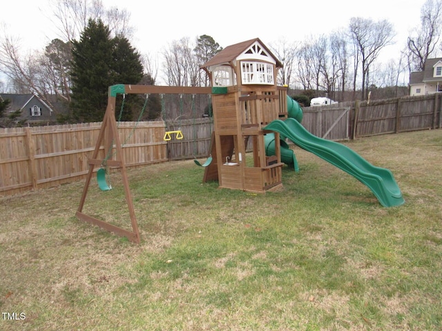 view of jungle gym with a yard