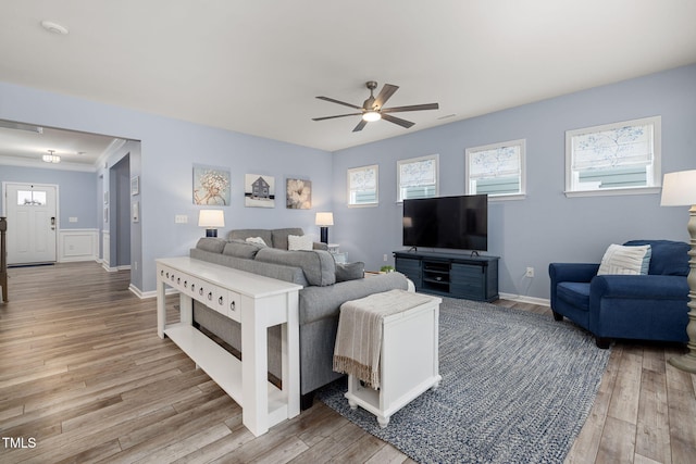 bedroom with hardwood / wood-style flooring and ceiling fan