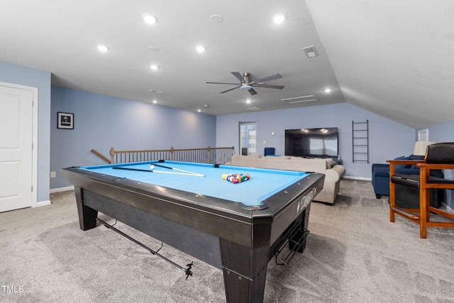 rec room featuring ceiling fan, pool table, vaulted ceiling, and light carpet