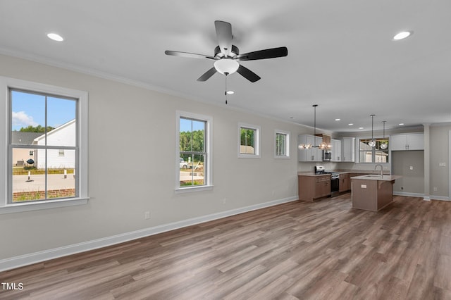 4522 Sweet Williams Ln Unit 163, Wilson, NC 27896 - kitchen with appliances with stainless steel finishes, decorative light fixtures, an island with sink, sink, and white cabinets