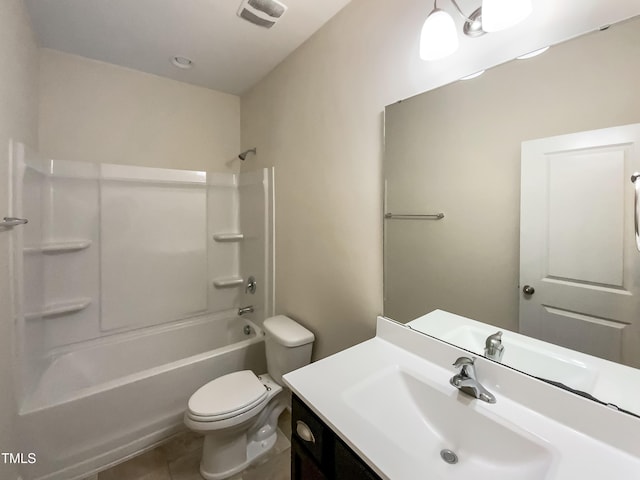 full bathroom featuring shower / tub combination, vanity, tile patterned floors, and toilet