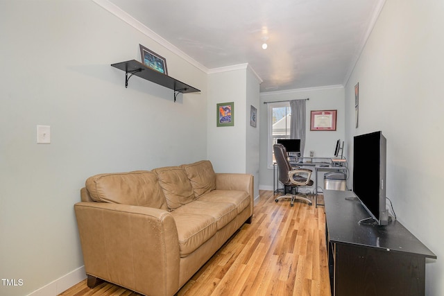 office with crown molding and light hardwood / wood-style floors