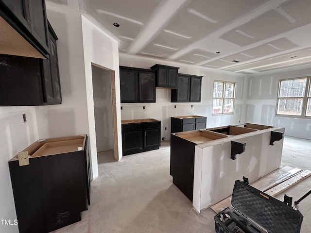 kitchen with a wealth of natural light, concrete floors, dark cabinets, and a center island