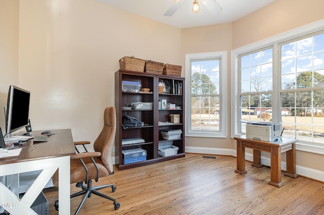 office area featuring ceiling fan and light hardwood / wood-style flooring