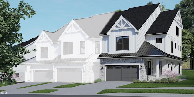4081 Elk Creek Ln Unit 07, Raleigh, NC 27612 - modern inspired farmhouse with a garage, driveway, stone siding, and a standing seam roof