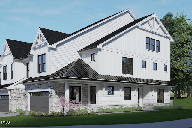 4081 Elk Creek Ln Unit 07, Raleigh, NC 27612 - modern farmhouse style home featuring a garage, covered porch, a front lawn, stone siding, and a standing seam roof