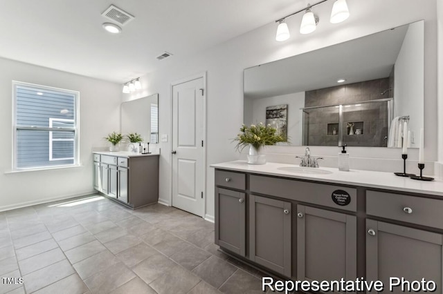 bathroom with two vanities, visible vents, a sink, and a shower stall