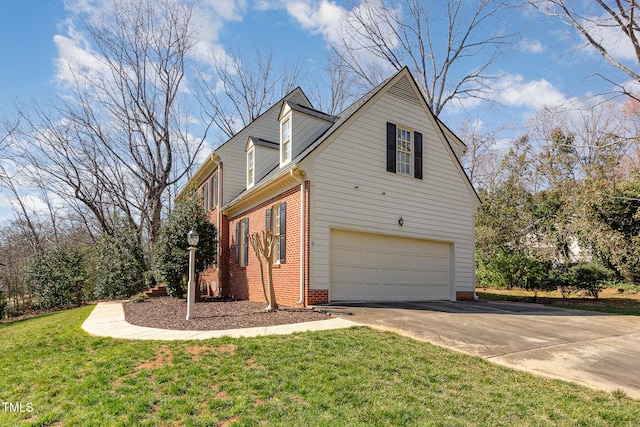 view of property exterior featuring concrete driveway, an attached garage, a lawn, and brick siding