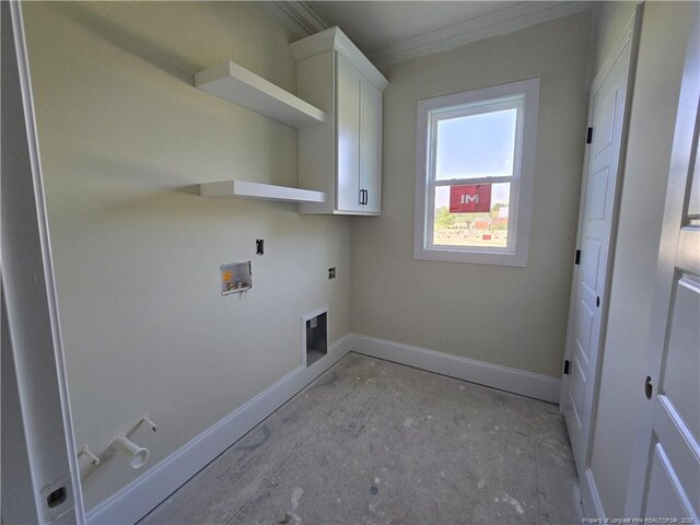 3255 School Rd, Fayetteville, NC 28306 - washroom featuring ornamental molding, electric dryer hookup, hookup for a washing machine, hookup for a gas dryer, and cabinet space