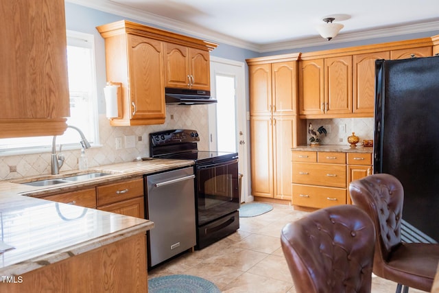 kitchen with plenty of natural light, ornamental molding, sink, and black appliances