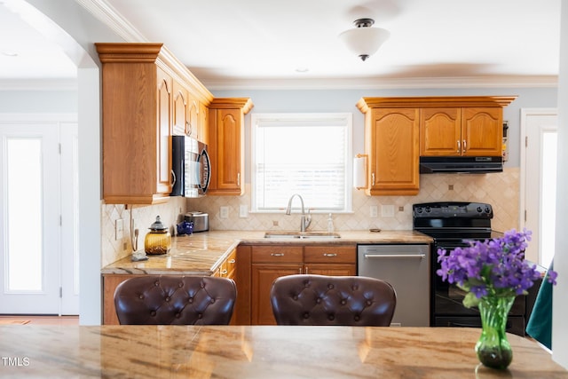 kitchen with sink, backsplash, black range with electric stovetop, and dishwasher