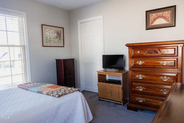 carpeted bedroom with a closet