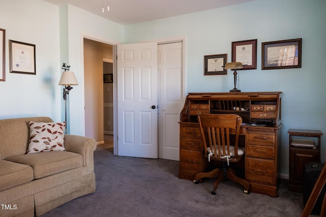 home office with dark colored carpet