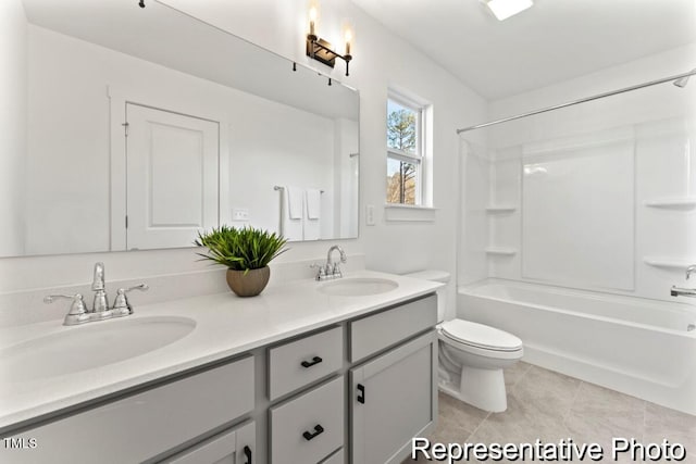 full bathroom with vanity, tile patterned flooring, shower / tub combination, and toilet