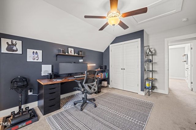 office with light carpet, vaulted ceiling, baseboards, and ceiling fan