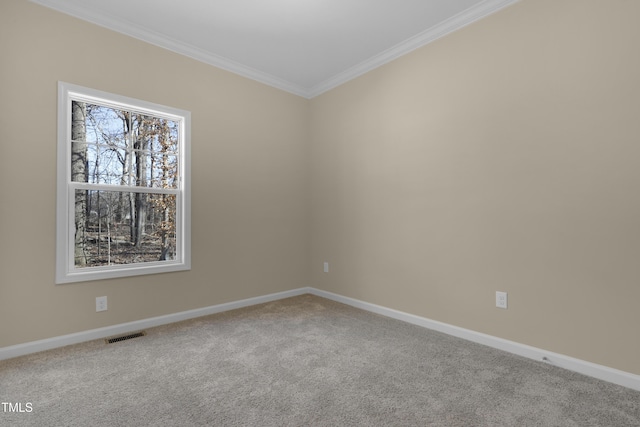 carpeted spare room featuring ornamental molding