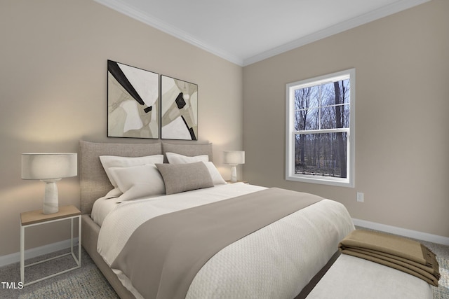 carpeted bedroom with ornamental molding