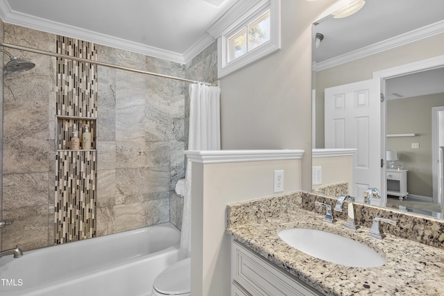 full bath featuring crown molding, vanity, toilet, and shower / bath combo with shower curtain