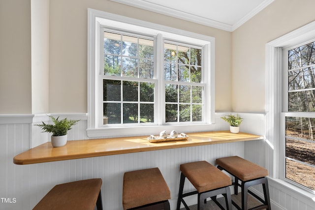 kitchen featuring butcher block counters, wainscoting, and a wealth of natural light