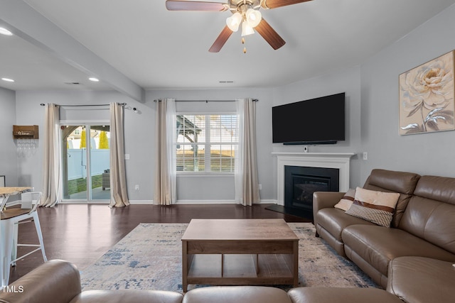 living room featuring hardwood / wood-style flooring, a wealth of natural light, and ceiling fan