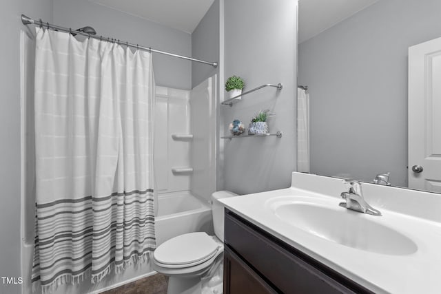 full bathroom with toilet, vanity, and shower / bathtub combination with curtain