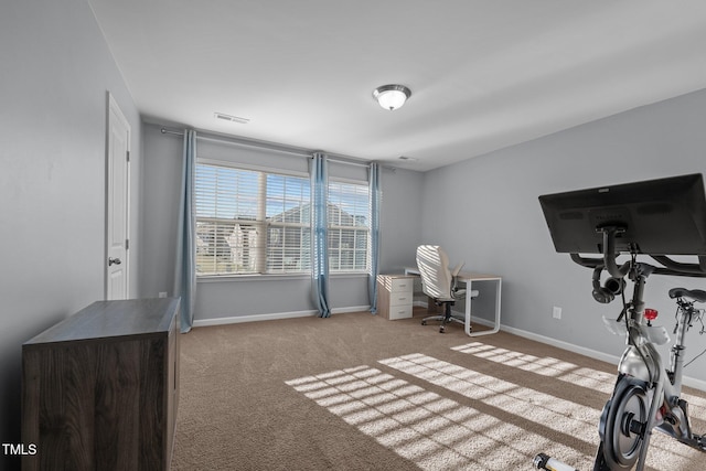 exercise area featuring light colored carpet