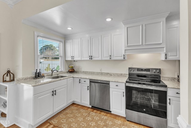 kitchen featuring sink, white cabinetry, stainless steel appliances, light stone countertops, and light hardwood / wood-style floors