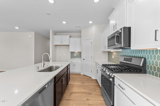 kitchen featuring white cabinetry, sink, backsplash, and stainless steel appliances