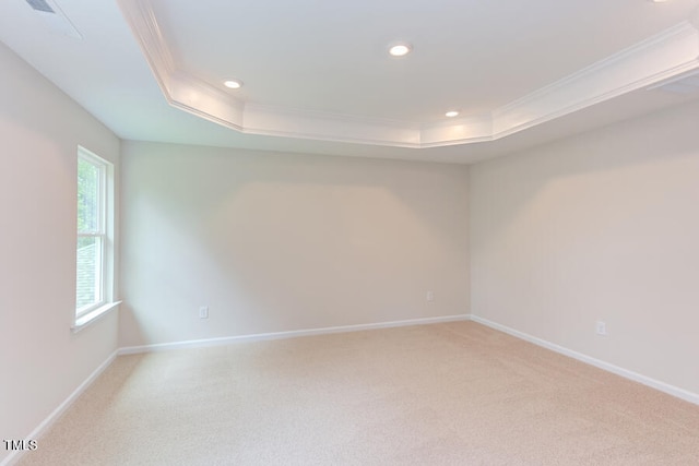 empty room with ornamental molding, a raised ceiling, and carpet