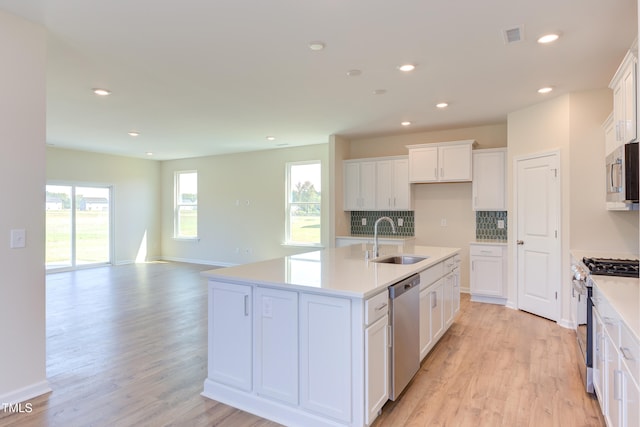 kitchen featuring white cabinetry, appliances with stainless steel finishes, sink, and a kitchen island with sink