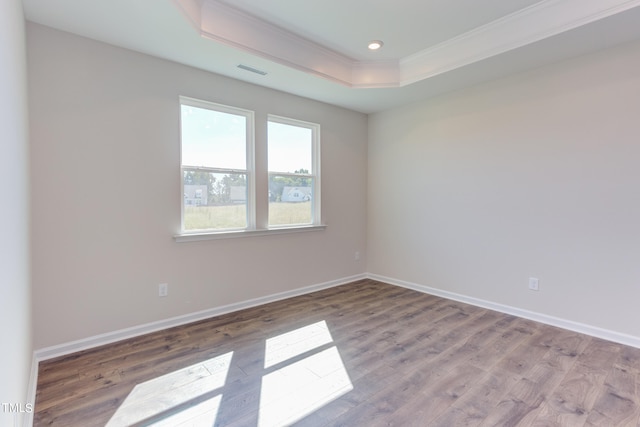 empty room featuring crown molding, a tray ceiling, and wood-type flooring