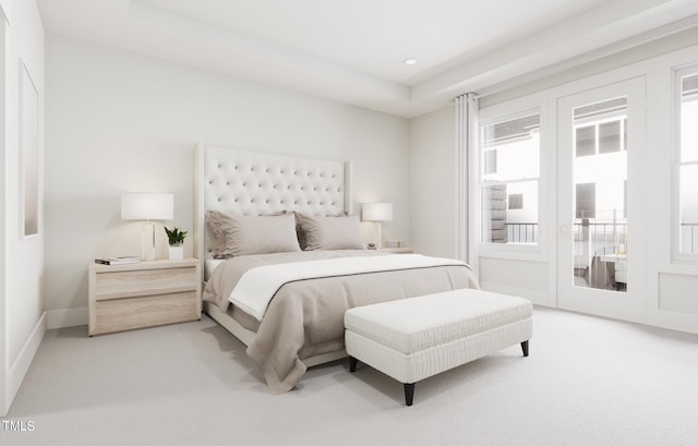 bedroom with baseboards, a raised ceiling, and carpet flooring