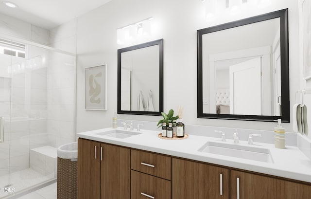 bathroom featuring vanity, an enclosed shower, and tile patterned flooring